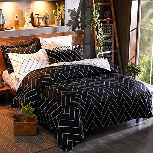 LAMEJOR Duvet Cover Set Queen Size Chevron Geometric Style Reversible Luxury Soft Bedding Set Comforter Cover(1 Duvet Cover+2 Pillowcases) Black/White