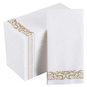 focusline disposable linen-feel guest towels [pack of 100, 12" x 17"], cloth-like paper hand towels soft and absorbent bathroom napkins, party napkins for weddings, dinners, or events, gold