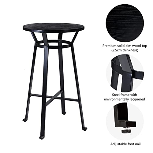 glitzhome 41.25" H Black Steel Round Bar Table with Soild Elm Wood Top Dining Room Pub Table Furniture