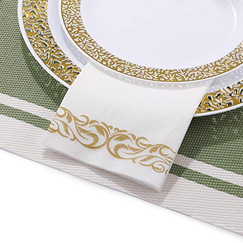 FOCUSLINE Disposable Linen-Feel Guest Towels [Pack of 100, 12" x 17"], Cloth-Like Paper Hand Towels Soft and Absorbent Bathroom Napkins, Party Napkins for Weddings, Dinners, or Events, Gold