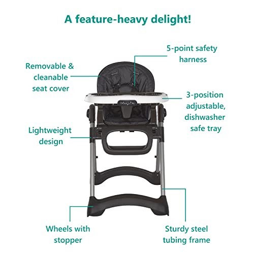 Dream On Me Solid Times High Chair for Babies and Toddlers in Black, Multiple Recline and Height Positions, Lightweight Portable Baby High Chair, 5 point Safety Harness, Easy to Clean Surface