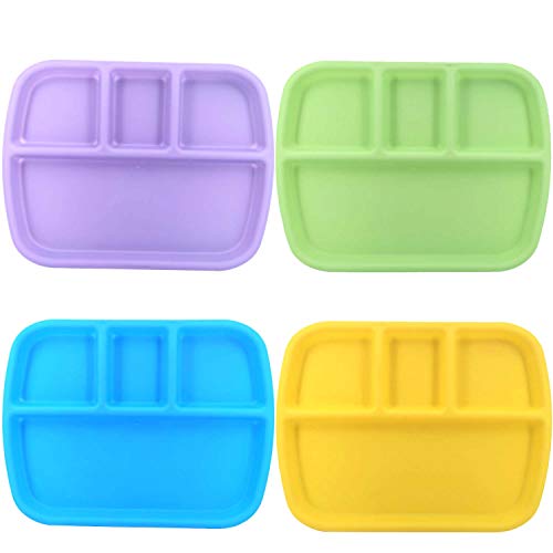 4-Compartment Divided Plastic Kids Plates for Todders|Baby Unbreakable Colorful BPA Free Set of 4