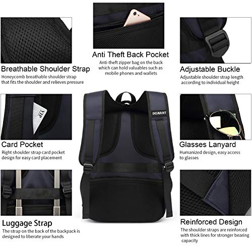 INSAVANT Laptop Backpack 17 Inch Water Resistant Backpacks Durable College Travel Daypack Anti Theft with USB Charging Port Best Gift for Men Women(17 Inch, Dark Blue)