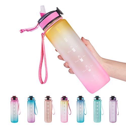 EYQ 32 oz Water Bottle with Time Marker, Carry Strap, Leak-Proof Tritan BPA-Free, Ensure You Drink Enough Water for Fitness, Gym, Camping, Outdoor Sports (Yellow/Pink Gradient)