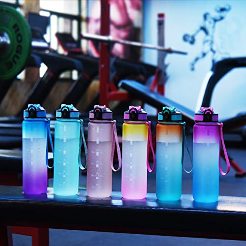 EYQ 32 oz Water Bottle with Time Marker, Carry Strap, Leak-Proof Tritan BPA-Free, Ensure You Drink Enough Water for Fitness, Gym, Camping, Outdoor Sports (Yellow/Pink Gradient)