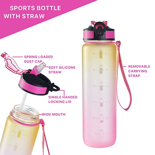 EYQ 32 oz Water Bottle with Time Marker, Carry Strap, Leak-Proof Tritan BPA-Free, Ensure You Drink Enough Water for Fitness, Gym, Camping, Outdoor Sports (Yellow/Pink Gradient)