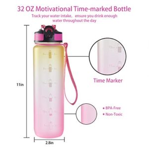 EYQ 32 oz Water Bottle with Time Marker, Carry Strap, Leak-Proof Tritan BPA-Free, Ensure You Drink Enough Water for Fitness, Gym, Camping, Outdoor Sports (Yellow/Pink Gradient)