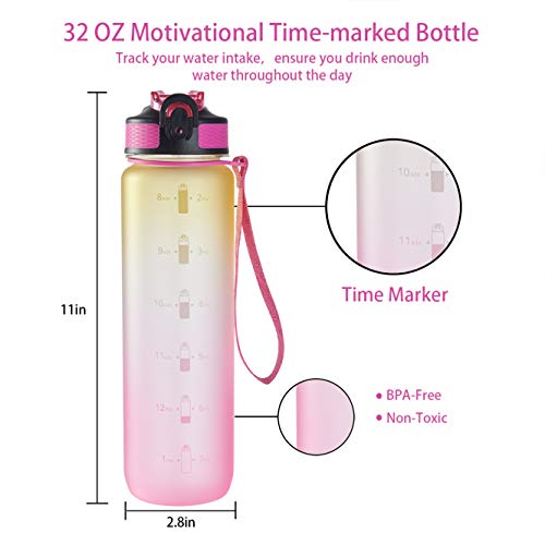 EYQ 32 oz Water Bottle with Time Marker, Carry Strap, Leak-Proof Tritan BPA-Free, Ensure You Drink Enough Water for Fitness, Gym, Camping, Outdoor Sports (Yellow/Pink Gradient)