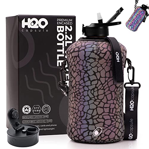 H2O Capsule 2.2L Half Gallon Water Bottle with Storage Sleeve and Covered Straw Lid – BPA Free Large Reusable Drink Container with Handle - Big Sports Jug, 2.2 Liter (74 Ounce) Cheetah Reflex