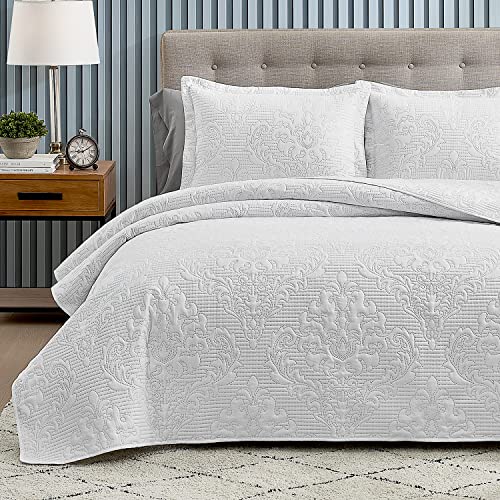 Hansleep Quilt Set King - Quilt King Size Bedding Set Damask, Lightweight Bedspread Coverlet White, Ultrasonic Quilting No Stitch