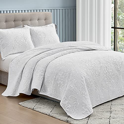 Hansleep Quilt Set King - Quilt King Size Bedding Set Damask, Lightweight Bedspread Coverlet White, Ultrasonic Quilting No Stitch