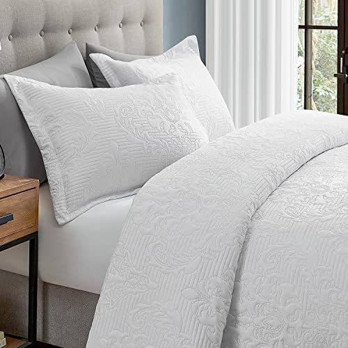 Hansleep Quilt Set King - Quilt King Size Bedding Set Damask, Lightweight Bedspread Coverlet White, Ultrasonic Quilting No Stitch