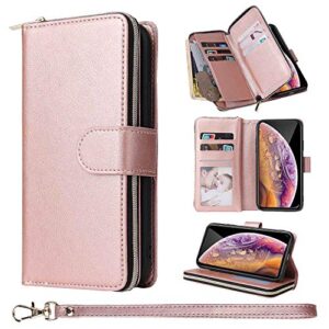 zcdaye wallet case for iphone x xs,premium[magnetic closure][zipper pocket] folio pu leather flip case cover with 9 card slots kickstand for iphone x/xs 5.8"-rose gold
