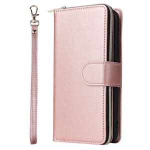ZCDAYE Wallet Case for iPhone X Xs,Premium[Magnetic Closure][Zipper Pocket] Folio PU Leather Flip Case Cover with 9 Card Slots Kickstand for iPhone X/Xs 5.8"-Rose Gold