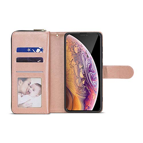 ZCDAYE Wallet Case for iPhone X Xs,Premium[Magnetic Closure][Zipper Pocket] Folio PU Leather Flip Case Cover with 9 Card Slots Kickstand for iPhone X/Xs 5.8"-Rose Gold