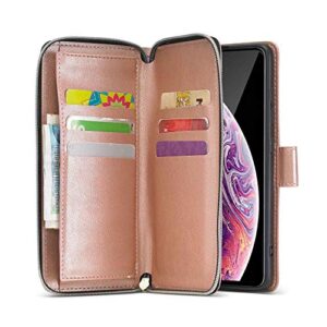 ZCDAYE Wallet Case for iPhone X Xs,Premium[Magnetic Closure][Zipper Pocket] Folio PU Leather Flip Case Cover with 9 Card Slots Kickstand for iPhone X/Xs 5.8"-Rose Gold