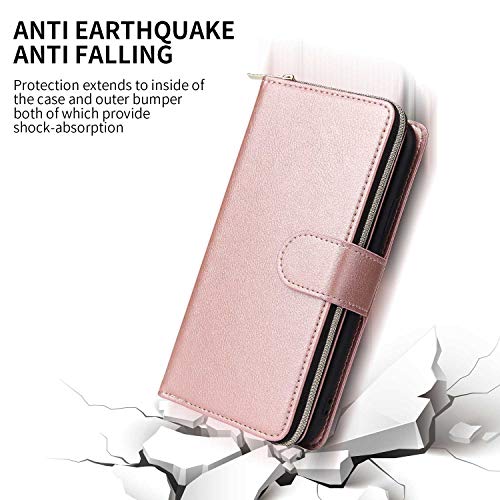 ZCDAYE Wallet Case for iPhone X Xs,Premium[Magnetic Closure][Zipper Pocket] Folio PU Leather Flip Case Cover with 9 Card Slots Kickstand for iPhone X/Xs 5.8"-Rose Gold