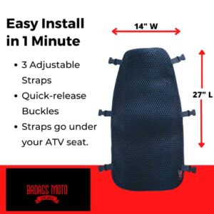 Badass Moto ATV Seat Covers: Motorcycle Seat Cushion. 3DMesh Cooling Air Flow Motorcycle seat pad. Versatile Powersports ATV Seat Protector Stops Hot Seat, Swass. Quick-Dry, Hide Ugly Rips.