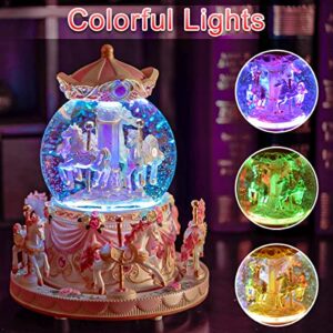 Carousel Snow Globe Gift, Music Box with Light 8-Horse Windup Musical Christmas Valentine Birthday Anniversary Present for Daughter Wife Girl Kids Clockwork Play Canon