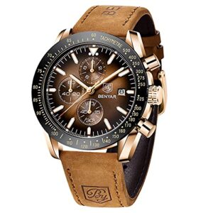 by benyar men watches chronograph analog quartz waterproof luminous watch for men business work sport stylish casual brown leather band men's wrist watches elegant gifts for men father's day