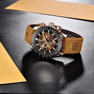 BY BENYAR Men Watches Chronograph Analog Quartz Waterproof Luminous Watch for Men Business Work Sport Stylish Casual Brown Leather Band Men's Wrist Watches Elegant Gifts for Men Father's Day