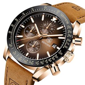 BY BENYAR Men Watches Chronograph Analog Quartz Waterproof Luminous Watch for Men Business Work Sport Stylish Casual Brown Leather Band Men's Wrist Watches Elegant Gifts for Men Father's Day