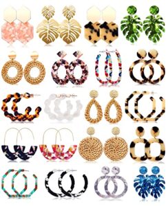 statement earrings for women girls, fifata 20 pairs mottled resin acrylic drop dangle earrings bohemian rattan hoop fashion costume jewelry