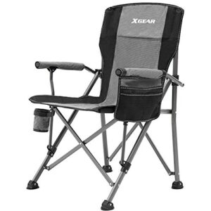 xgear camping chair hard arm high back lawn chair heavy duty with cup holder, for camp, fishing, hiking, outdoor, carry bag included (cool gray)