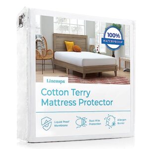 linenspa cotton terry waterproof mattress protector - top protection - queen mattress protector,white
