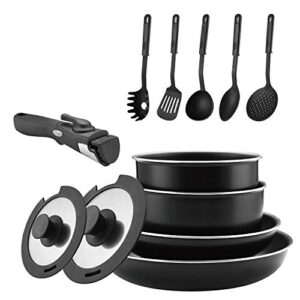 abizoe 12 piece non-stick cookware set non-stick pans and pots with removable handles, space efficient excellent for rvs and compact kitchen (black 12 pieces)