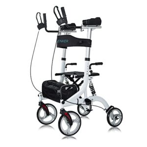 elenker upright rollator walker, stand up rollator walker with shock absorber, 10” front wheels and carrying pouch, suitable for outdoor, white