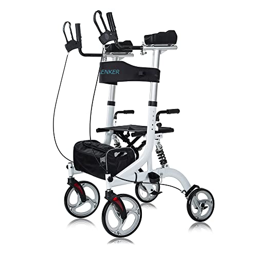 ELENKER Upright Rollator Walker, Stand Up Rollator Walker with Shock Absorber, 10” Front Wheels and Carrying Pouch, Suitable for Outdoor, White