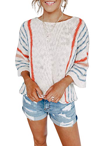 Dokotoo Womens Ladies Cute Casual Summer Fall 2023 Crewneck Color Block Striped Wide Bell 3/4 Sleeve Oversized Baggy Lightweight Comfy Cozy Cable Knit Beach Pullover Sweaters for Women Tops Shirts XL