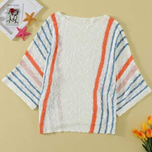 Dokotoo Womens Ladies Cute Casual Summer Fall 2023 Crewneck Color Block Striped Wide Bell 3/4 Sleeve Oversized Baggy Lightweight Comfy Cozy Cable Knit Beach Pullover Sweaters for Women Tops Shirts XL