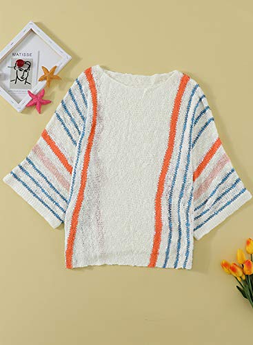 Dokotoo Womens Ladies Cute Casual Summer Fall 2023 Crewneck Color Block Striped Wide Bell 3/4 Sleeve Oversized Baggy Lightweight Comfy Cozy Cable Knit Beach Pullover Sweaters for Women Tops Shirts XL