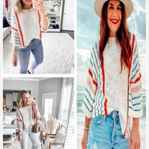 Dokotoo Womens Ladies Cute Casual Summer Fall 2023 Crewneck Color Block Striped Wide Bell 3/4 Sleeve Oversized Baggy Lightweight Comfy Cozy Cable Knit Beach Pullover Sweaters for Women Tops Shirts XL