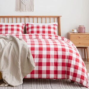 VEEYOO King Duvet Cover Cotton - 100% Washed Cotton Buffalo Plaid Duvet Cover Set with Zipper Closure, Extra Soft Breathable Comforter Cover (Red Buffalo Check)