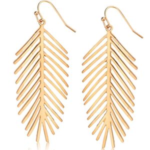 humble chic palm leaf dangle earrings - long hanging tropical tree frond drops for women - dangly bohemian lightweight dangling leaves, 3" inch - gold