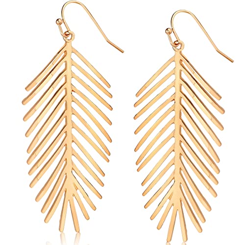 Humble Chic Palm Leaf Dangle Earrings - Long Hanging Tropical Tree Frond Drops for Women - Dangly Bohemian Lightweight Dangling Leaves, 3" inch - Gold