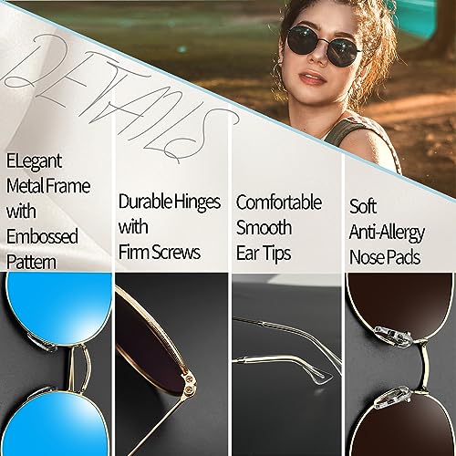 Joopin 2 Pack Metal Circle Sunglasses Polarized UV Protection, Trendy Thin Rim All Black Sun Glasses, Gold Frame Mirror Blue Sunnies, Retro Round Shades for Women Men Driving Fishing Sensitive Eyes