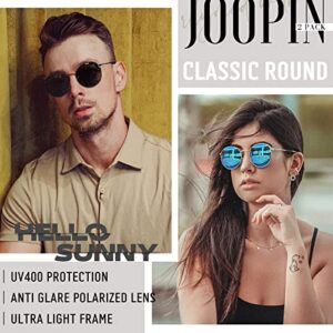 Joopin 2 Pack Metal Circle Sunglasses Polarized UV Protection, Trendy Thin Rim All Black Sun Glasses, Gold Frame Mirror Blue Sunnies, Retro Round Shades for Women Men Driving Fishing Sensitive Eyes