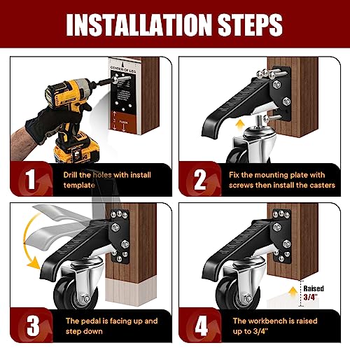 SPACECARE Workbench Casters kit 700Lbs, 4 Heavy Duty Retractable Casters Side Mounted Adjustable Durable Steel Construction Stepdown Casters (Set of 4)