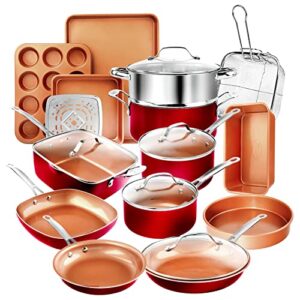 gotham steel 20 pc pots and pans set nonstick cookware set + bakeware set, complete ceramic cookware set for kitchen, non stick pots and pans set with lids, dishwasher / oven safe, non toxic - red