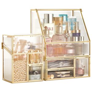 stackable 3pieces drawer set glass makeup organizer antique countertop vanity cosmetic storage box mirror glass beauty display, holder for brushes lipsticks skincare toner with free pearl (gold)