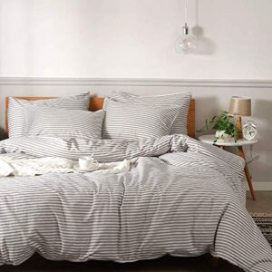 jellymoni 100% natural cotton 3pcs striped duvet cover sets with zipper closure & corner ties, white comforter cover with grey stripes pattern printed (full size)