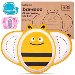 get fresh bamboo kids divided plates – 1pc cute bee bamboo toddler divided plate with 3 compartments – reusable animal sectioned bamboo fibre childrens plates – dishwasher safe bamboo kids dinnerware