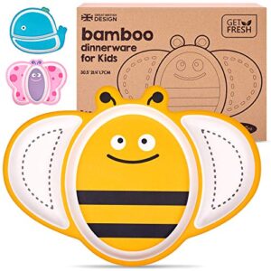 GET FRESH Bamboo Kids Divided Plates – 1pc Cute Bee Bamboo Toddler Divided Plate with 3 Compartments – Reusable Animal Sectioned Bamboo Fibre Childrens Plates – Dishwasher Safe Bamboo Kids Dinnerware