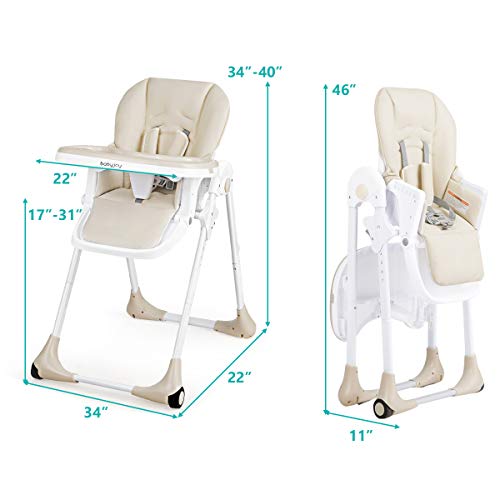 BABY JOY Convertible High Chair for Babies & Toddlers, Height Adjustable, Grow & Go High Chair w/Recline & Footrest, Removable Dishwasher Safe Meal Tray, Portable Baby Dinning Chair w/Wheels (Beige)