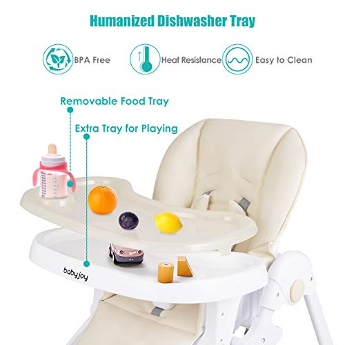 BABY JOY Convertible High Chair for Babies & Toddlers, Height Adjustable, Grow & Go High Chair w/Recline & Footrest, Removable Dishwasher Safe Meal Tray, Portable Baby Dinning Chair w/Wheels (Beige)