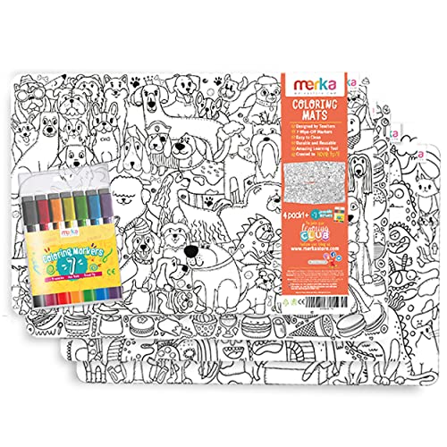 merka Plastic Placemats Set of 6 Wipeable Kids Placemat Kids Table Silicone Placemat Cats and Dogs Set of 4 Mats with 7 Dry Erase Markers for Ages 2 and Up